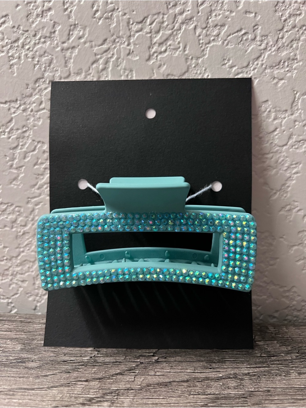 Handmade Iridescent Rhinestone Rectangle Claw Clip Adult Size Teal Sparkle Clip
